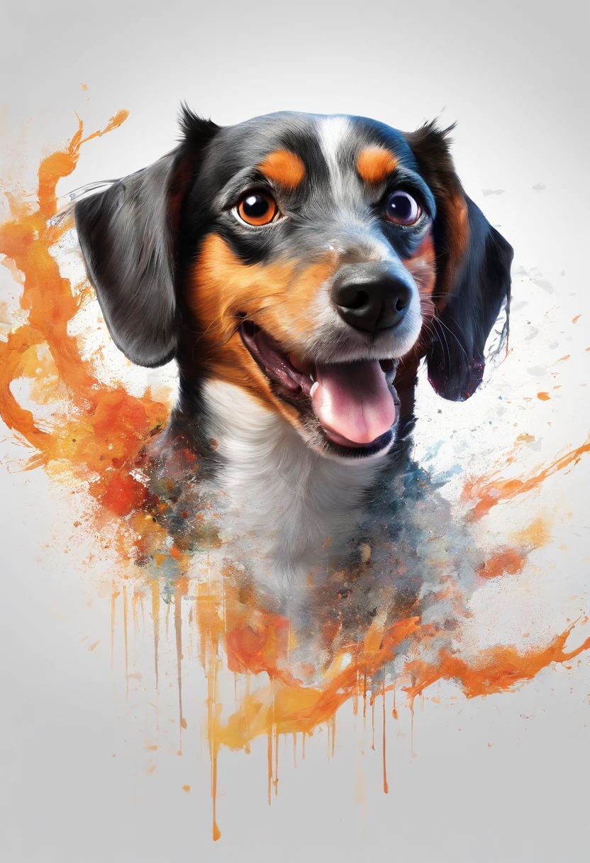 Splash Art (Spritzkunst), dachshund terrier mix dog, ((white background)), stechende Augen, episches Instagram, Kunststationen, Spritzer-Stil der Farbe, Umrisse, hyperdetailliert, aufwendig detailliert , Illusorischer Motor, wunderlich, Komplizierte Details, splash screen, complementary colors, Fantasy-Konzeptkunst, 8k resolution, Das Meisterwerk von Deviantart, Oil painting, Heavy blows, Farbe tropft, splashart