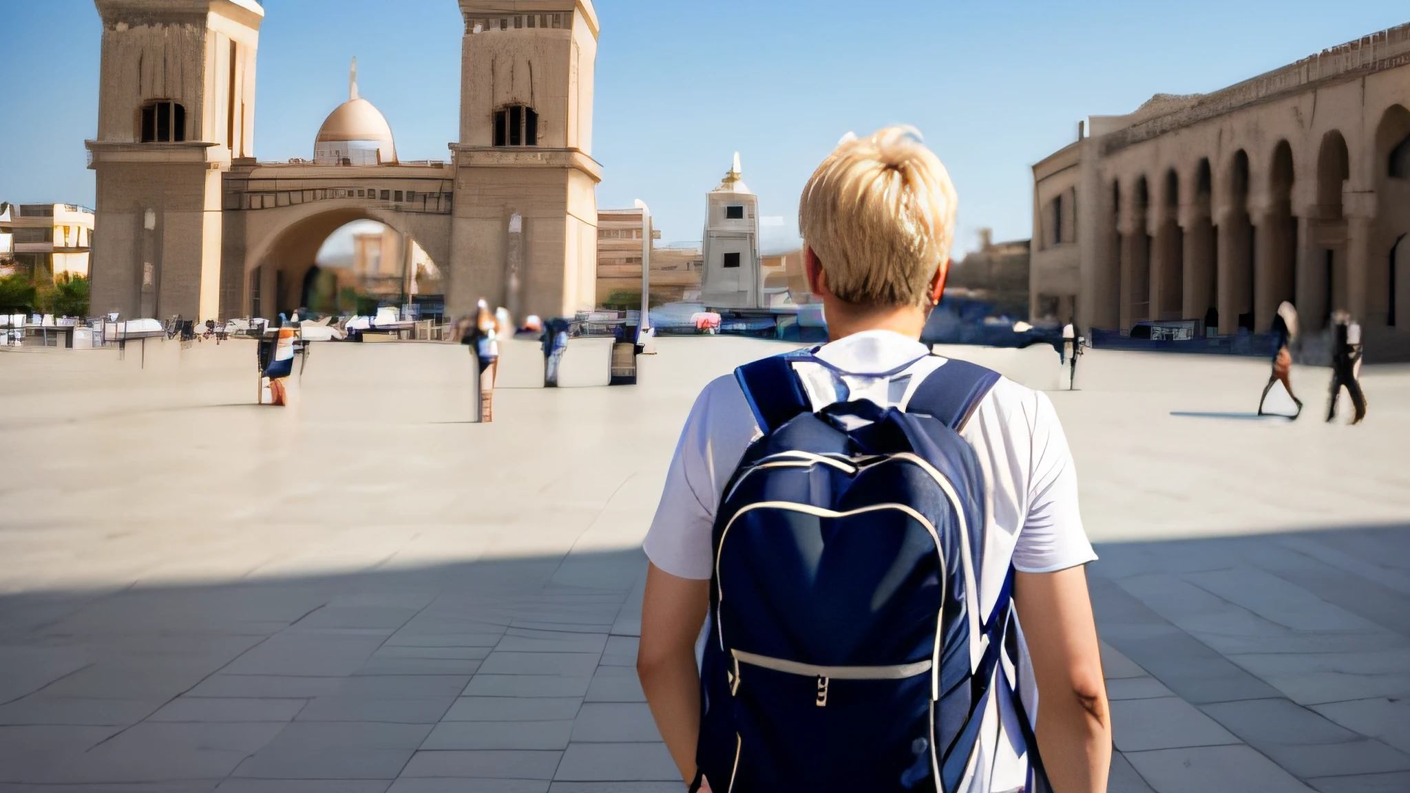 A man, a 30-year-old European backpacker with short, light blonde hair, is portrayed in a wide medium wide shot. The camera captures him from behind, with his head turned towards the camera. He is standing in front of a landmark in the city of Tunis, Tunisia. Being a backpacker, the man is dressed in casual and practical clothing suitable for his adventurous journey.