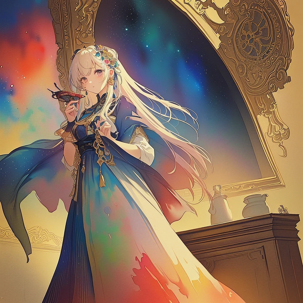 (​masterpiece、top-quality、top-quality、Official art、Beautifully Aesthetic:1.2)、(1 girl in:1.3)、ighly detailed、colourfull、highestdetailed、(watercolor paiting:1.3)、Light mixing、Playful patterns、lively texture、Rich colors、unique visual effect、Fantastical、（Fractal Art:1.3)