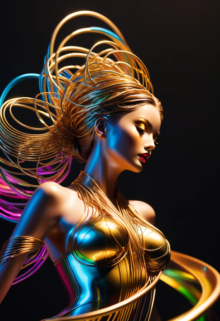 (line art:1.5),Colorful lines,A beautyful girl,model shoot style,abstract painting, (extremely detaild的 CG unified 8k wallpapers), A chaotic storm of lines rises from a complex rainbow of smoke overhead, Stylized abstract portrait of beautiful girl,heavy metal style,postmodern industrial style,ultra-realistic realism,Image of beautiful woman sculpture made from thin metal wire, golden curve structure, Woman sculpture made of wire, Spiral dripping gold, Metal curve composition, Winding streets, abstract female sculpture, Small whirlpools, abstract sculpture, twist, Rotated, complex metal wires, spirals, long exposure photos, line sleek, complex light