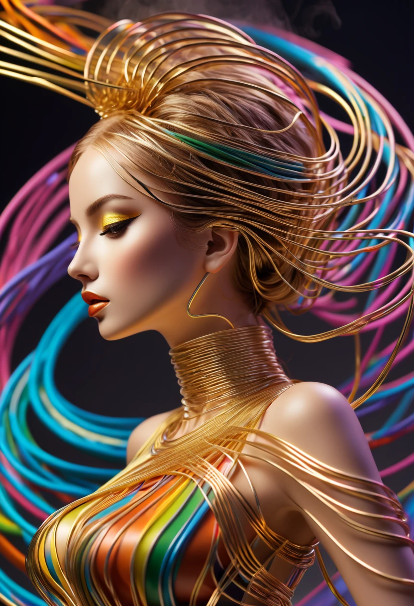 (line art:1.5)，Colored lines，Figures woven with metallic threads at fashion show，braided with metal thread，model shoot style,abstract paintings, (extremely detaild的 CG unified 8k wallpapers), A chaotic storm of lines rises from a complex rainbow of smoke overhead, Stylized abstract portrait of beautiful girl,heavy metal style，postmodern industrial style，ultra-realistic realism，Image of beautiful woman sculpture made from thin metal wire, golden curve structure, Woman sculpture made of wire, Spiral dripping gold, Metal curve composition, Winding streets, abstract female sculpture, Small whirlpools, abstract sculpture, twist, Rotated, complex metal wires, spirals, long exposure photos, line sleek, complex light，Detailed and delicate depictions and gorgeous and dynamic painting techniques, Unique colors and unique design fashion, Fashion show, cool fashion model, Fashion show venues and audiences, Colorful lights dance in all directions