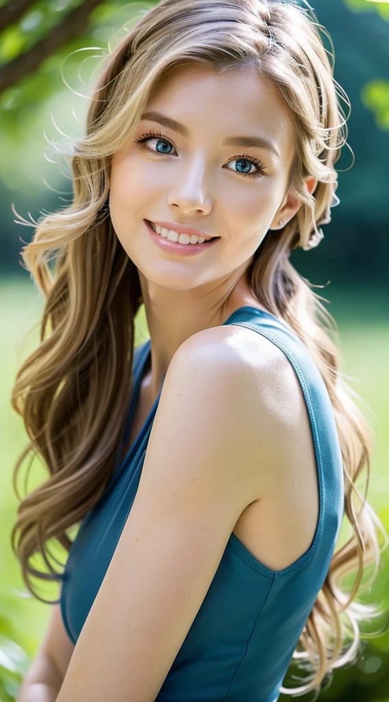 American white woman with unparalleled looks、Shedding white skin、dark blonde、Semi-long hair、wearing a ribbon headband、Hair is wavy、The ends of the hair are curled、Loosely braided、blue eyess 、A slender、Out of focus background of open meadow in the forest、The sun filtering through the trees is beautiful、a smile、Looking at the camera、Slender but well-proportioned body with large breasts、Posing like a model、Raking up hair、There must be space above the head、Breast bare、Very high definition、Wrapping a scrunchie around the wrist、Wearing high-necked sleeveless clothes