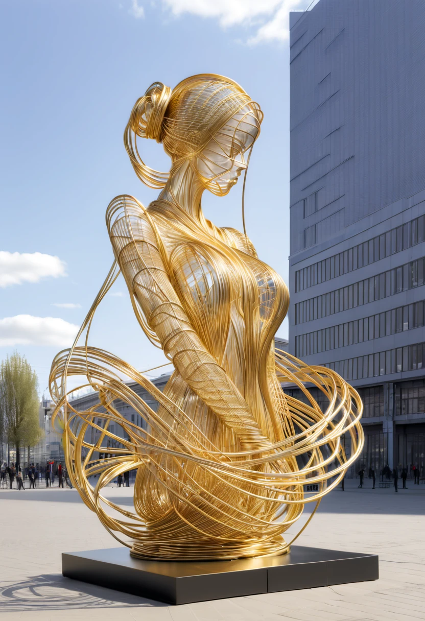 line art,Line carving,A sculpture of a beautiful woman made of metal wire in a city square,Weaving with metal threads,contortion,stranded,immensity,hollowed out,Abstract,Three-dimensional stereoscopic,City landmarks,heavy metal style,postmodern industrial style,ultra-realistic realism