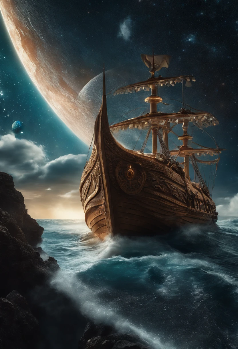 Envision an awe-inspiring scene where space Vikings sail the Milky Way in a Viking-style spaceship. Dive into extreme micro-details to capture the intricacies of the futuristic Viking crew, their ship, and the cosmic backdrop.

Highlight the Viking crew's futuristic attire, blending traditional Viking elements with advanced, space-faring technology. Zoom in on the micro-details of their armor, helmets, and weaponry, showcasing the fusion of ancient and futuristic aesthetics.

Emphasize the Viking-style spaceship, capturing every detail from the ornate carvings to the futuristic propulsion systems. Illuminate the ship with vibrant, cosmic colors to enhance the fantastical and otherworldly atmosphere of their interstellar journey.

Consider the cosmic backdrop, integrating swirling galaxies, nebulae, and distant stars into the scene. Utilize extreme micro-details to showcase the celestial wonders as the Viking spaceship sails through the vastness of the Milky Way.

Imagine the Viking crew in action, whether navigating the ship, manning futuristic controls, or engaging in spacefaring activities. Capture the dynamic energy of the scene, emphasizing both the advanced technology and the Viking spirit in their cosmic adventure.

This detailed prompt aims to inspire the creation of an intricately detailed image featuring space Vikings sailing the Milky Way in a Viking-style spaceship, with a focus on extreme micro-details to bring to life the futuristic Viking crew, their ship, and the cosmic wonders surrounding them.