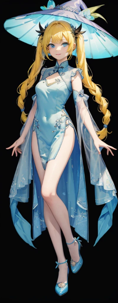 (Full body photo),Fluorescent background,(1 Witch,Flash fluorescence,Hats,Transparent tulle cheongsam,Delicate headgear,ssmile),(paper art,Quilted paper art,geometry),(Lots of colors,Best quality,high detal,tmasterpiece,movie light effect,4K,lightand shade contrast),Blue transparent tulle cheongsam,pigtails,Red knee-length socks,luminous totem,eBlue eyes,Yellow hair and big breasts,long braid,