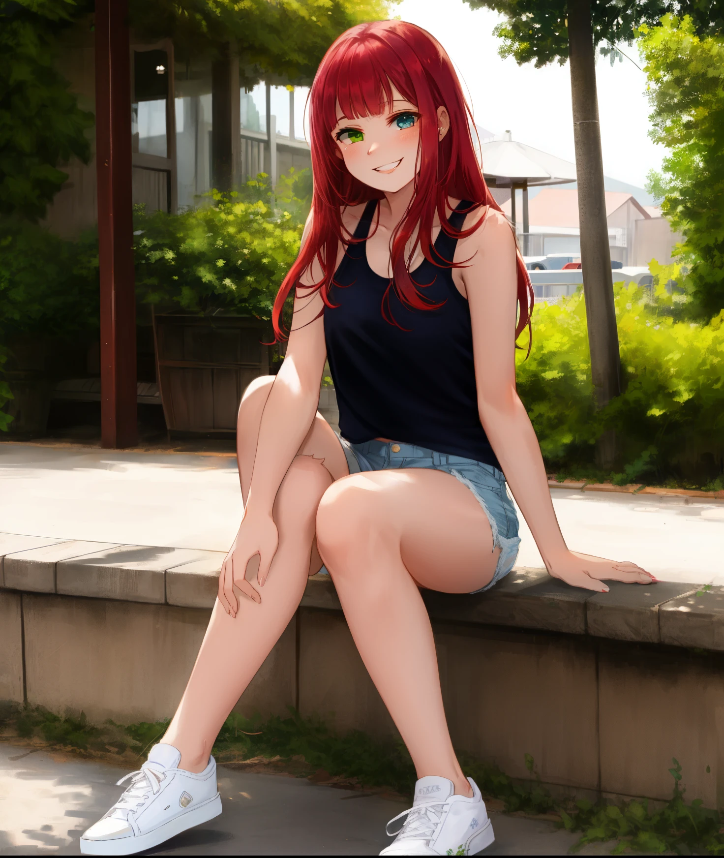 Red hair female. Long poofy hair. Heterochromia. Albinism with white bangs. Tank top and shorts. 17 years old. Smiling. Sitting with legs to chest. 5,7. 1 girl in photo. Dark skin