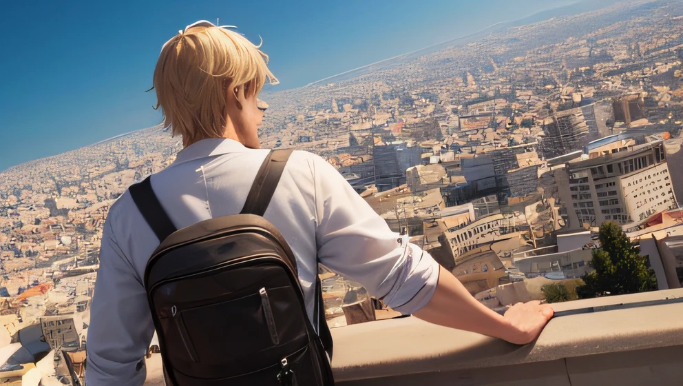 A man, a 30-year-old European backpacker with short, light blonde hair, is portrayed in a wide medium wide shot. The camera captures him from behind, with his head turned towards the camera. He is standing on a high building looking out over the city of Tunis, Tunisia. Being a backpacker, the man is dressed in casual and practical clothing suitable for his adventurous journey.