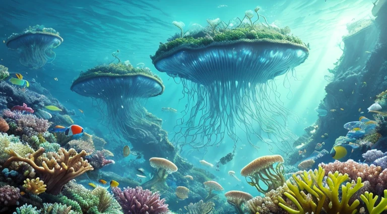 Masterpiece, High Quality, Ocean Forest, City, Fantastic Fantasy, Glowing Plants, Coral Viaduct, (Swarm of Glowing Jellyfish), (Shoal of Fish with Transparent Wings Flying in the Sky), Misty, Extreme Detail, Morning Light, Epic Composition, (Intricate Detail), (Intricate Design, Ultra Detail: 1.2), Art Station, (Masterpiece, Best Quality), Ultra HD, 32k ,castle,1girl --v 6