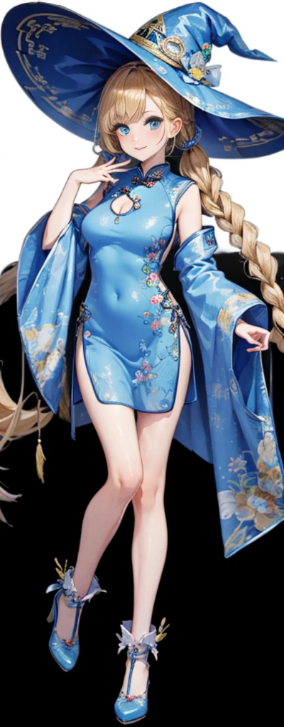 （Full body photo），Fluorescent background，（1 Witch，Flash fluorescence，Hats，Transparent tulle cheongsam，Delicate headgear，ssmile），（paper art，Quilted paper art，geometry），（Lots of colors，Best quality，high detal，tmasterpiece，movie light effect，4K，lightand shade contrast），Blue transparent tulle cheongsam，pigtails，Red knee-length socks，luminous totem，eBlue eyes，Blonde hair and big breasts，long braid，