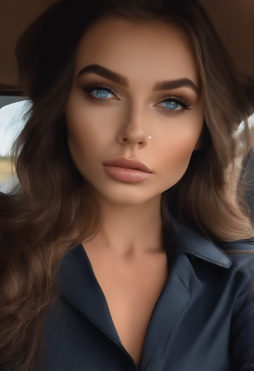 Latino and Swedish Woman, sexy girl with blue eyes, ultra realist, Meticulously detailed, Portrait Sophie Mudd, brown hair and big eyes, selfie of a young woman, road background, black suite, with makeup, natural makeup, looking straight at camera , Face with Artgram, Subtle makeup, Great photo of the whole body standing on the road, in the the road, Medium to large bust, in a sexy black sexy outfit, standing on the the road