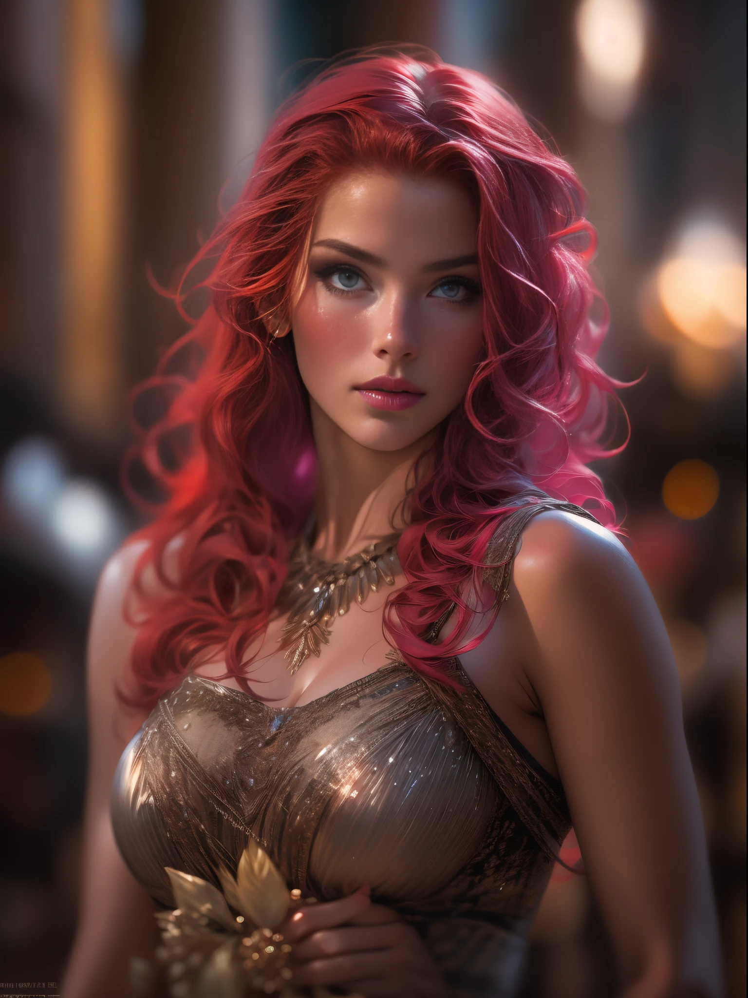 Photo of 25 year old European girl, RAW, beautiful woman, (red hair with extra long wavy), ((portrait)), (Detailed face: 1.2)), (Detailed facial features)), (Fine skin), pale skin, high detail and deep cleavage body greek warrior goddess outfit, slim body, greek temple environment, (cold color), wet, moist, reflection, (masterpiece) ( Perfect proportions) (realistic photos) (highest quality) (detail) shot with Canon EOS R5, 50mm lens, f/2.8, HDR, (8k) (wallpaper) (movie lighting) (dramatic lighting) (sharp focus) (complex) fashion