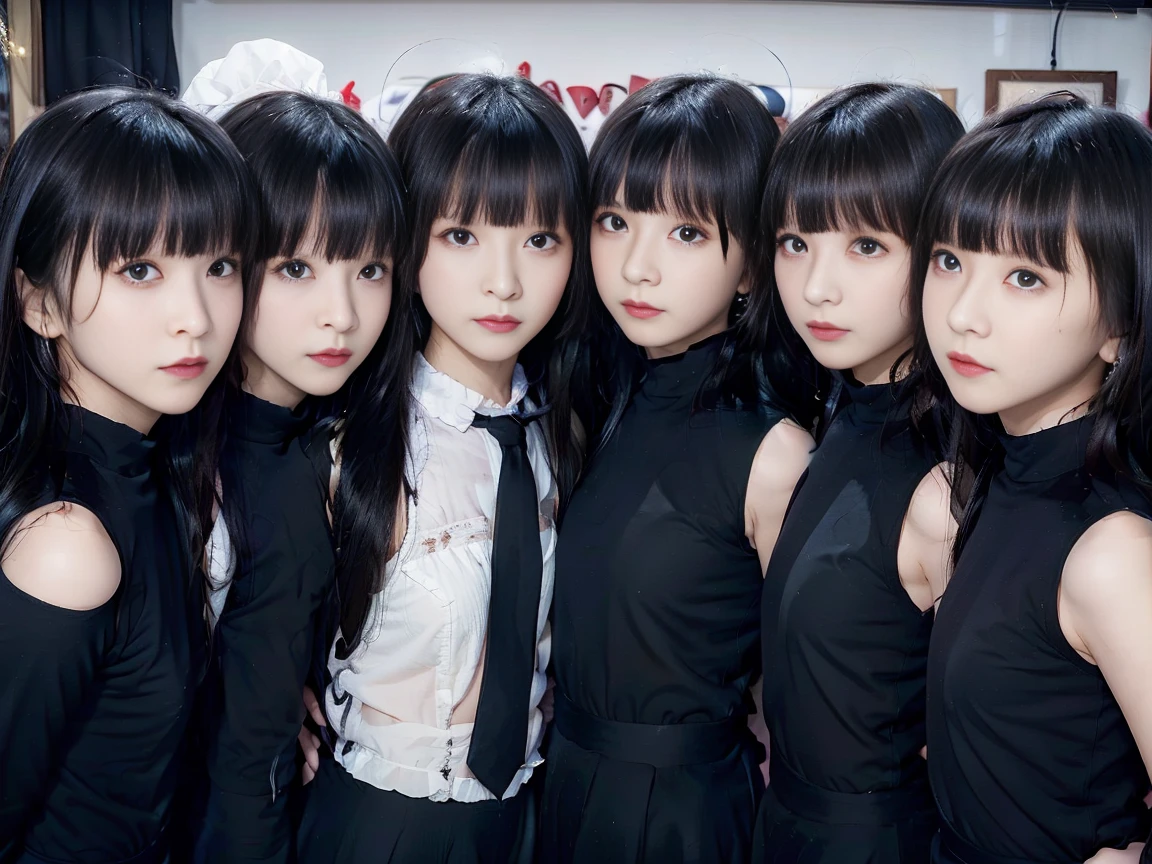 a picture、7girls、The same face、Seven cute -yeld gi with long black hair in matching Gothic Lolita fashion.、Raw photo、same person