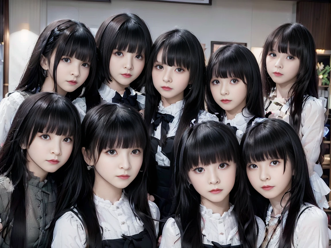 a picture、7girls、The same face、Seven cute -yeld gi with long black hair in matching Gothic Lolita fashion.、Raw photo、same person