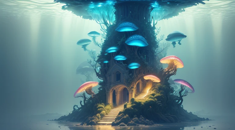 Masterpiece, High Quality, Ocean Forest, City, Fantastic Fantasy, Glowing Plants, Coral Viaduct, (Swarm of Glowing Jellyfish), (Shoal of Fish with Transparent Wings Flying in the Sky), Misty, Extreme Detail, Morning Light, Epic Composition, (Intricate Detail), (Intricate Design, Ultra Detail: 1.2), Art Station, (Masterpiece, Best Quality), Ultra HD, 32k ,castle,1girl --v 6