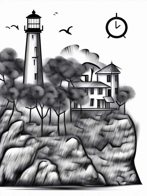 Sketch on a white background of a beautiful tattoo in black and gray tones with the image of a lighthouse on a rock, the sea in the distance behind the cliff, fine line drawing, Contour graphics