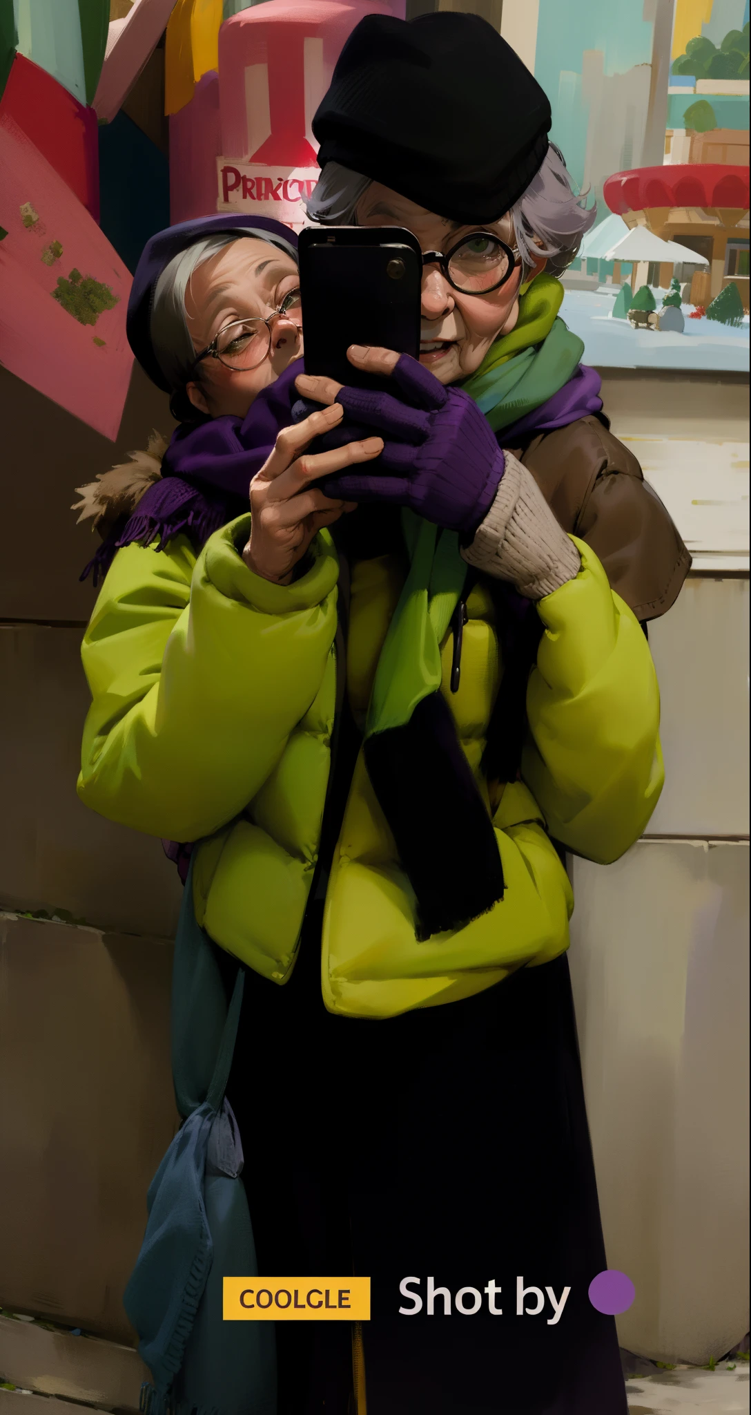 masterpiece, best quality, an old woman with glasses and a scarf on, wearing a purple coat and green scarf, standing at the park