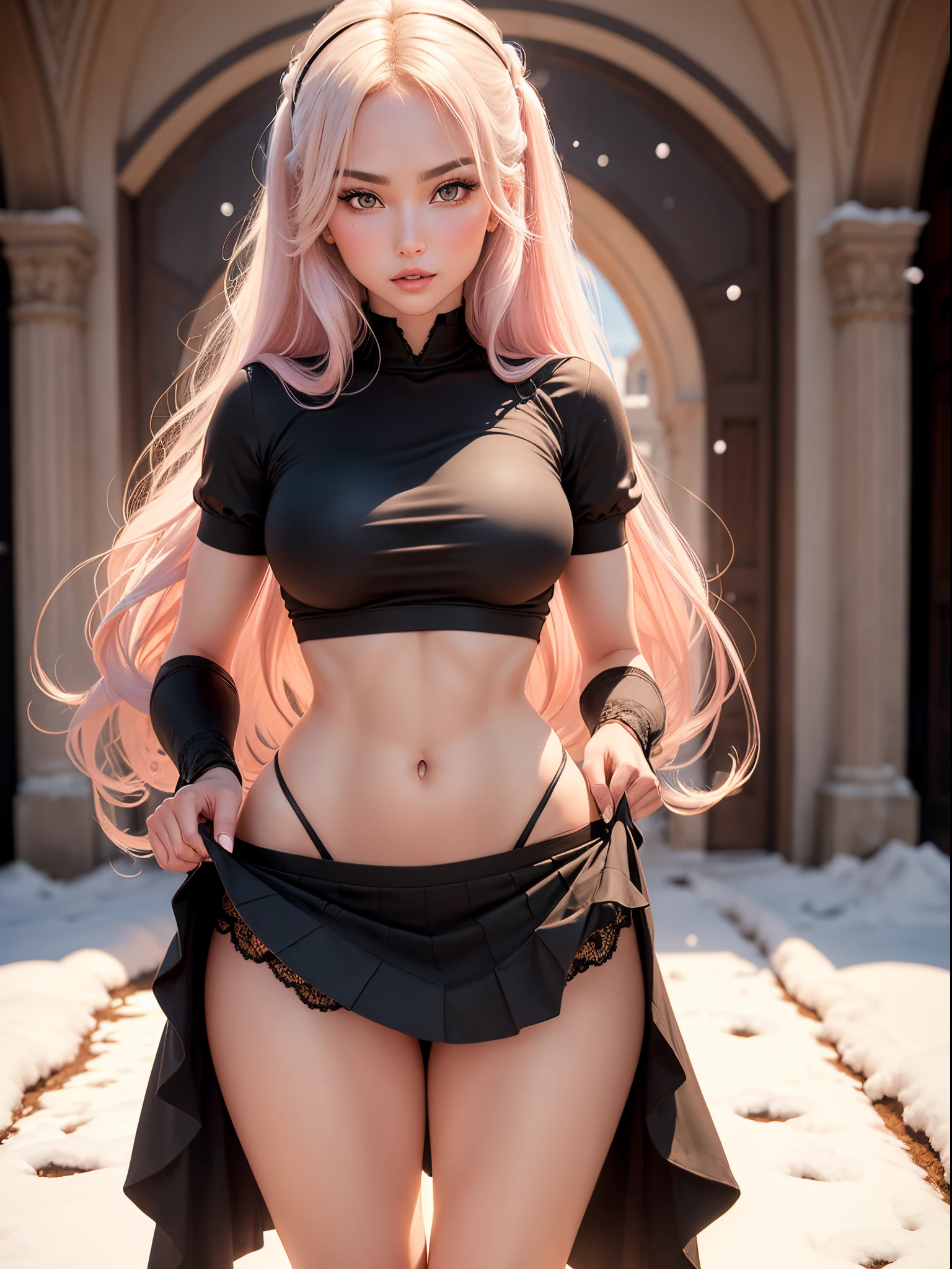 (Best Quality, 4K, 8K, hight resolution, masutepiece:1.2), 1girll, Ultra-detailed, Detailed face, Detailed lips and eyes, By Boris Vallejo(Boris Vallejo)Stylish realism BREAK BARKY Beautiful women of Eastern Europe,he has long straight pink hair, poneyTail, (Yellow eyes), multicolored eyes, Gradient Eyes, Fair skin, expressive faces, Attractive appearance, blush, BREAK model standing with a shallow smile、Lace black panties、Tight-fitting T-shirt、The dress is made of white lace material(((Show me all my panties)))、(((The skirt is definitely worn)))、(((Lift skirt hem)))、panties focus、too bright natural light、Sunshine、Detailed lace panty pattern、Ordinary panties、(((while standing, Lift your skirt to show your panties to the camera)))、(((Beautiful alignment and snow-white teeth)))、(((Lift the skirt bigger and bigger,、Show your panties to the camera)))、Ultra Slim Body, Big breasts、Body type of slender model、Beautiful posture, on the park