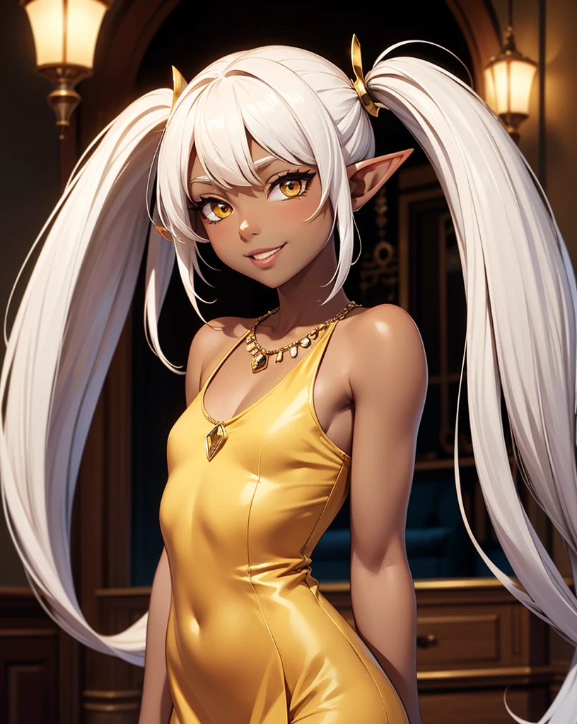 young elven noble lady, 1girl, adolescent, small breasts, elf, large amber eyes, almond-shaped eyes, body towards viewer, official portrait, loyal, dutiful, submissive, obedient, energetic, happy smile, twintails, hair in twintails, twin tails, hair in pigtails, long hair, slender figure, observant, adoring, simple jewelry, pretty face, full lips, beauty, nobility, dark tan skin, long hair, white hair, wearing simple dress, ochre dress, palace, absurdres, high res, ultrasharp, 8K, masterpiece, looking at viewer