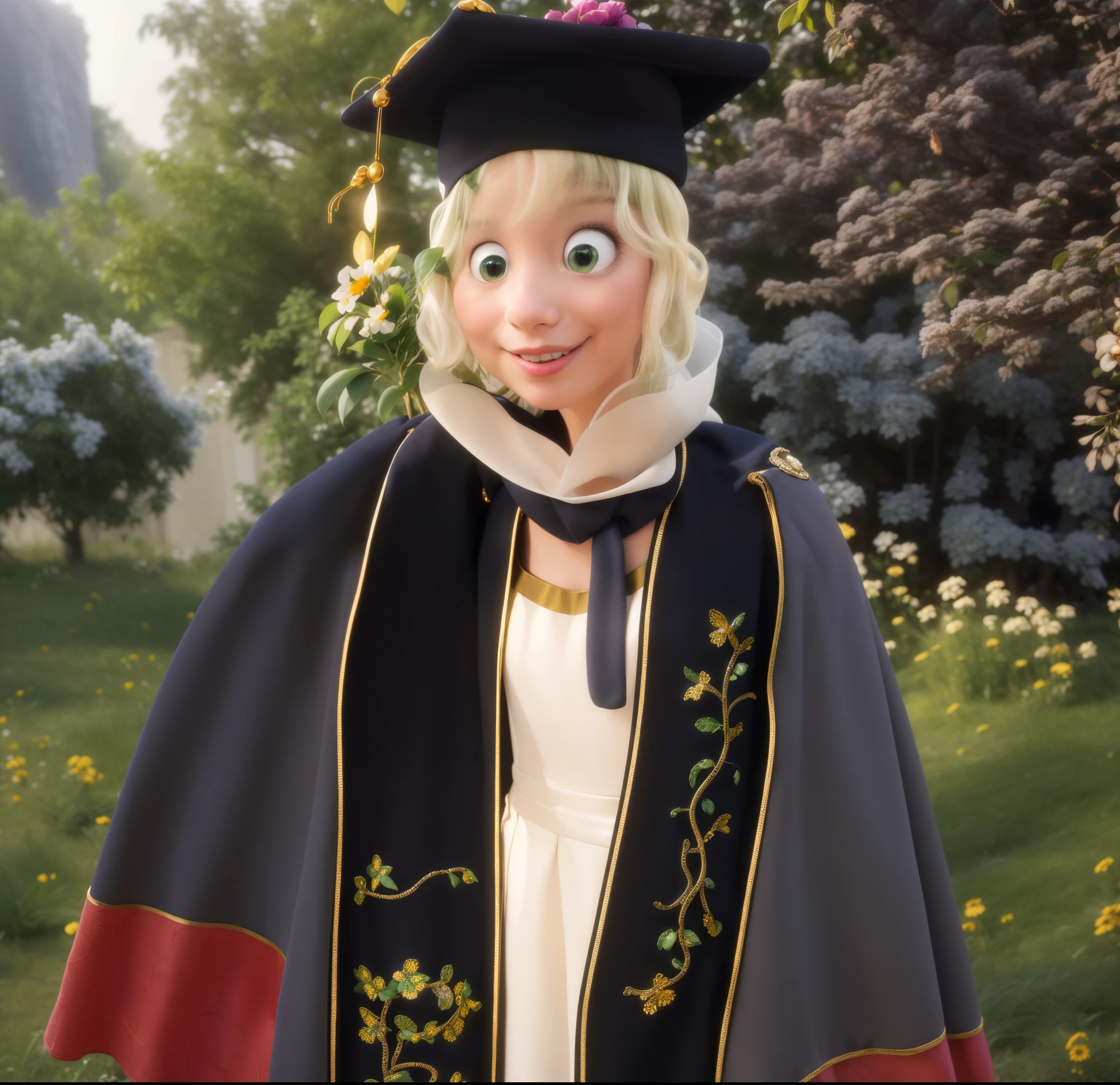 (best quality,4k,8k,highres,masterpiece:1.2),ultra-detailed,(realistic,photorealistic,photo-realistic:1.37),girl with pastel green, fluffy white dress, wearing a black graduation gown, scarf, standing in a lush green garden,illustration, vivid colors, detailed eyes and face, long eyelashes, gentle smile, hands holding a bouquet of flowers, golden sunlight filtering through the trees, delicate flowers blooming in the background