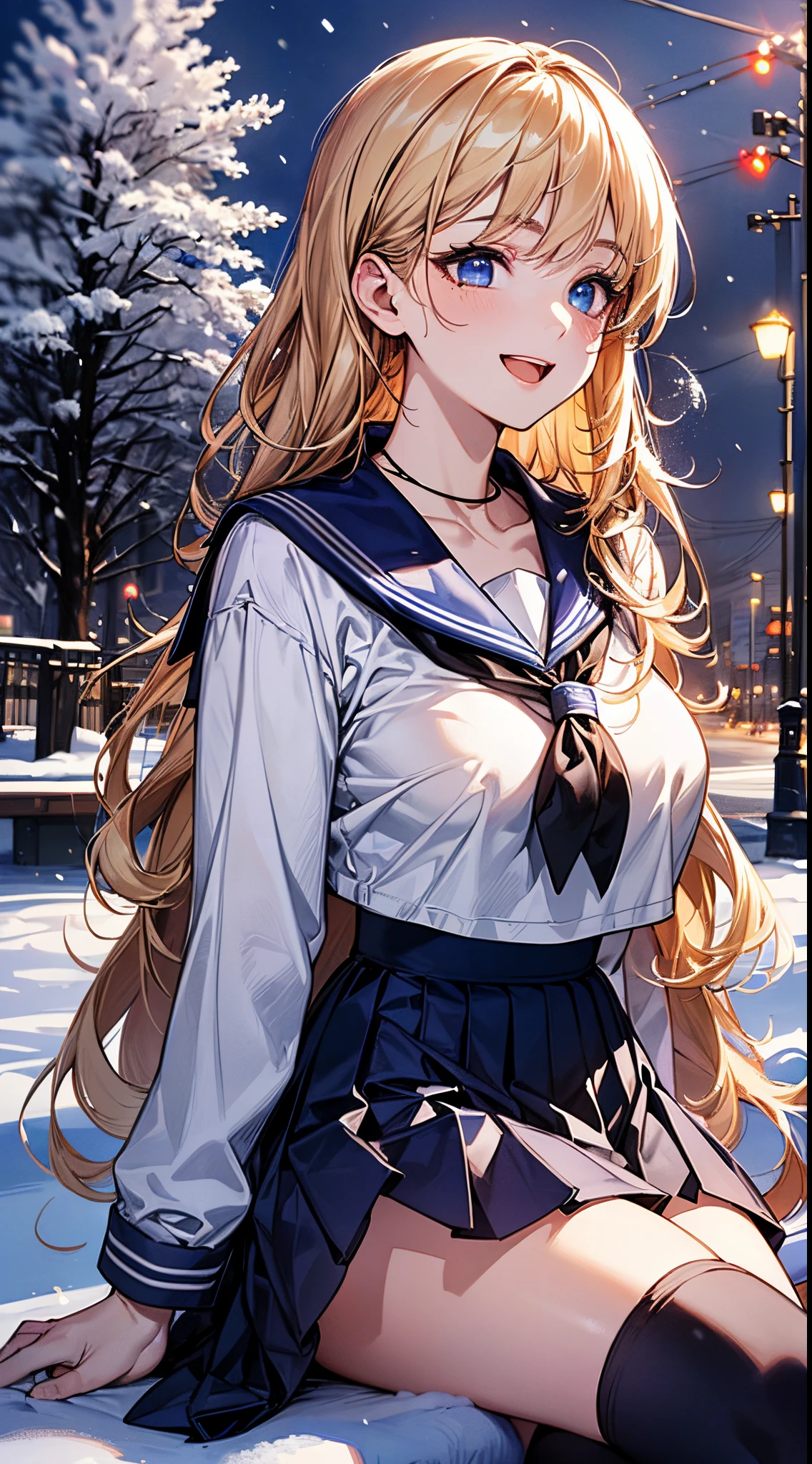 ((((perfect anatomy, super detailed skin)))), 1 girl, japanese, high school girl, shiny skin, large breasts:0.5, looking away, looking up, watching the view, from below,
beautiful hair, beautiful face, beautiful detailed eyes, (long hair:1.7, side ponytaail:1.5), blond hair, blue eyes,
beautiful clavicle, beautiful body, beautiful chest, beautiful thigh, beautiful legs, face, mole under eye,
((((long sleeves)), all navy sailor suit, navy pleated skirt, navy sailor collar, red sailor scarf, thigh-highs, short boots), school bag, cross necklace), seductive thighs, ,
((smile:1.5, open your mouth wide)), , female masturbation, lifting skirt myself,
(beautiful scenery),winter, midnight, hokkaido, sapporo, odori park, park bench, sitting, crossed legs, christmas, christmas tree, illumination, tv tower, snow, snowfall:1.5, freezing weather, frost,
(8k, top-quality, masterpiece:1.2, extremely detailed), (photorealistic), beautiful illustration, cinematic lighting,