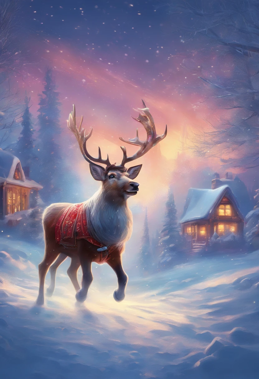 hight resolution,Best Quality,Ultra-detailed,Realistic,Winter scene,string of colorful christmas lights,cozy blinkers,fluffy snow falls,Sparkling snowflakes,playful expression,A reindeer sleigh carrying Santa Claus runs through the Christmas night sky、the sound of a bell、Snowy ground,refreshing cold air,Festive atmosphere,Twinkling lights,cosy atmosphere,Whimsical charm,Gentle shine,Crackling fire,Joyful anticipation,Peaceful tranquility,Vibrant colors,ice blue hue,magical feeling vibes,Happy holidays