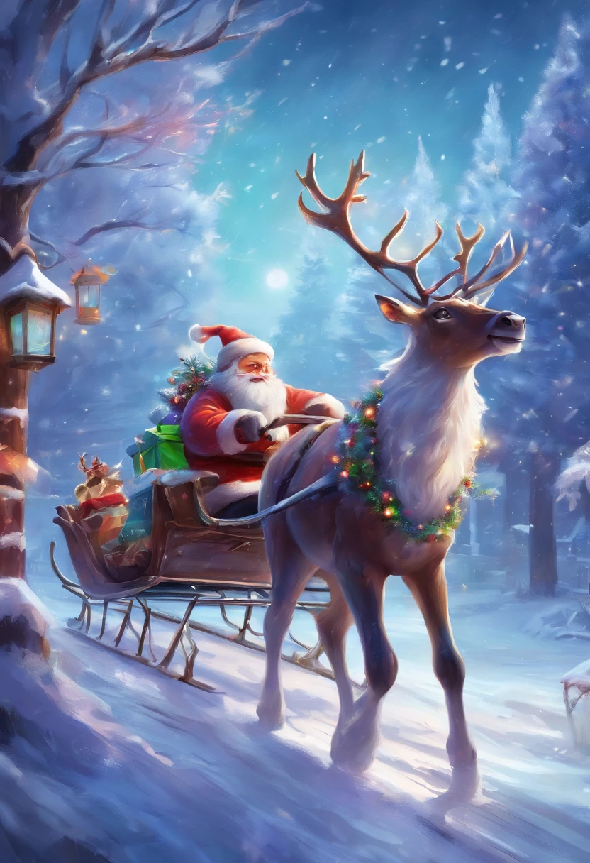 hight resolution,Best Quality,Ultra-detailed,Realistic,Winter scene,string of colorful christmas lights,cozy blinkers,fluffy snow falls,Sparkling snowflakes,playful expression,A reindeer sleigh carrying Santa Claus runs through the Christmas night sky、the sound of a bell、Snowy ground,refreshing cold air,Festive atmosphere,Twinkling lights,cosy atmosphere,Whimsical charm,Gentle shine,Crackling fire,Joyful anticipation,Peaceful tranquility,Vibrant colors,ice blue hue,magical feeling vibes,Happy holidays