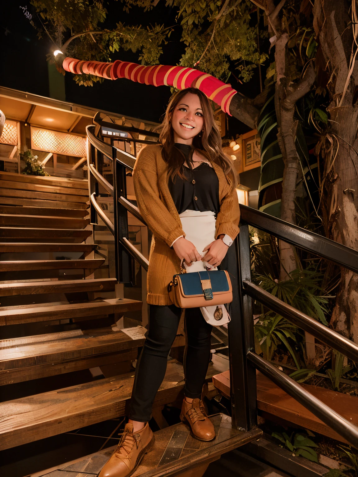 there is a woman standing on a set of stairs holding a bag, taken in 2 0 2 0, standing in a restaurant, at night time, candid picture, inspired by Gina Pellón, taken with canon 8 0 d, outfit photo, captured on canon eos r 6, photo taken in 2 0 2 0, taken with canon eos 5 d mark iv
