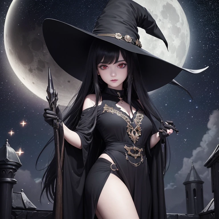 ((Solo)) ((Masterpiece)) ((High Quality)) ((Perfect Face)) ((Small Breasts)) ((Wide Hips)) ((Narrow Waist)) ((Beautiful)) ((Black Hair)) ((Long Hair)) ((Pale Skin)) ((Cute Nose)) ((Green Eyes)) ((Young)) ((Goth)) ((Witch)) ((Black Dress)) ((Night Time)) ((cemetery)) ((Full Moon))