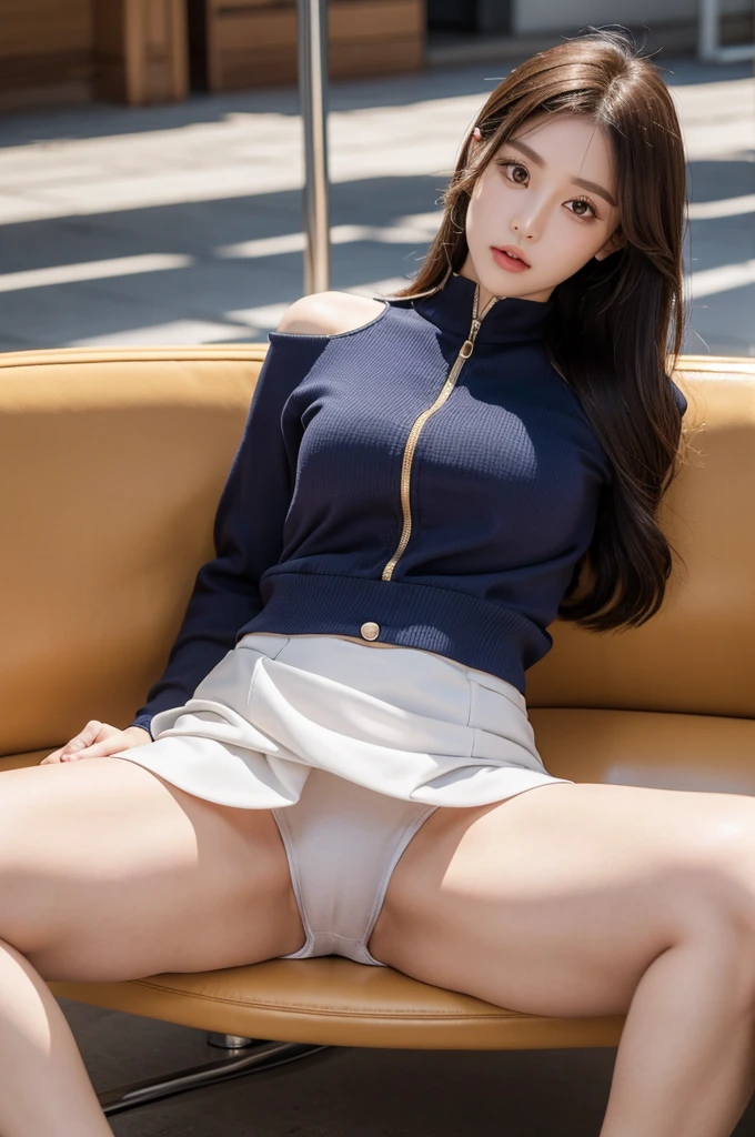 Golden ratio face shape，Beautuful Women，Royal sister，Wear this JK suit short skirt，Sitting in a deserted mall, spreading her legs and exposing her underwear，Stretch out