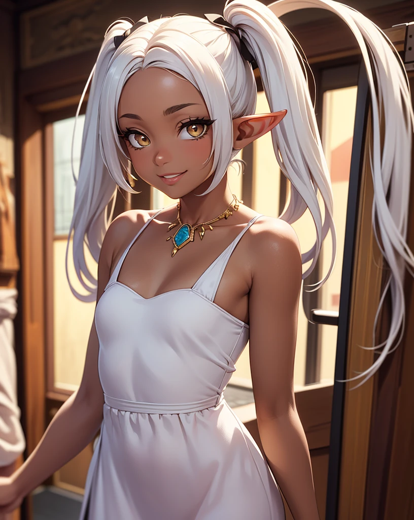 young elven noble lady, 1girl, adolescent, small breasts, elf, large amber eyes, almond-shaped eyes, body towards viewer, official portrait, loyal, dutiful, submissive, obedient, energetic, happy smile, twintails, hair in twintails, twin tails, hair in pigtails, long hair, slender figure, observant, adoring, simple jewelry, pretty face, full lips, beauty, nobility, dark tan skin, long hair, white hair, wearing simple dress with ribbons, dark ochre dress, palace, absurdres, high res, ultrasharp, 8K, masterpiece, looking at viewer
