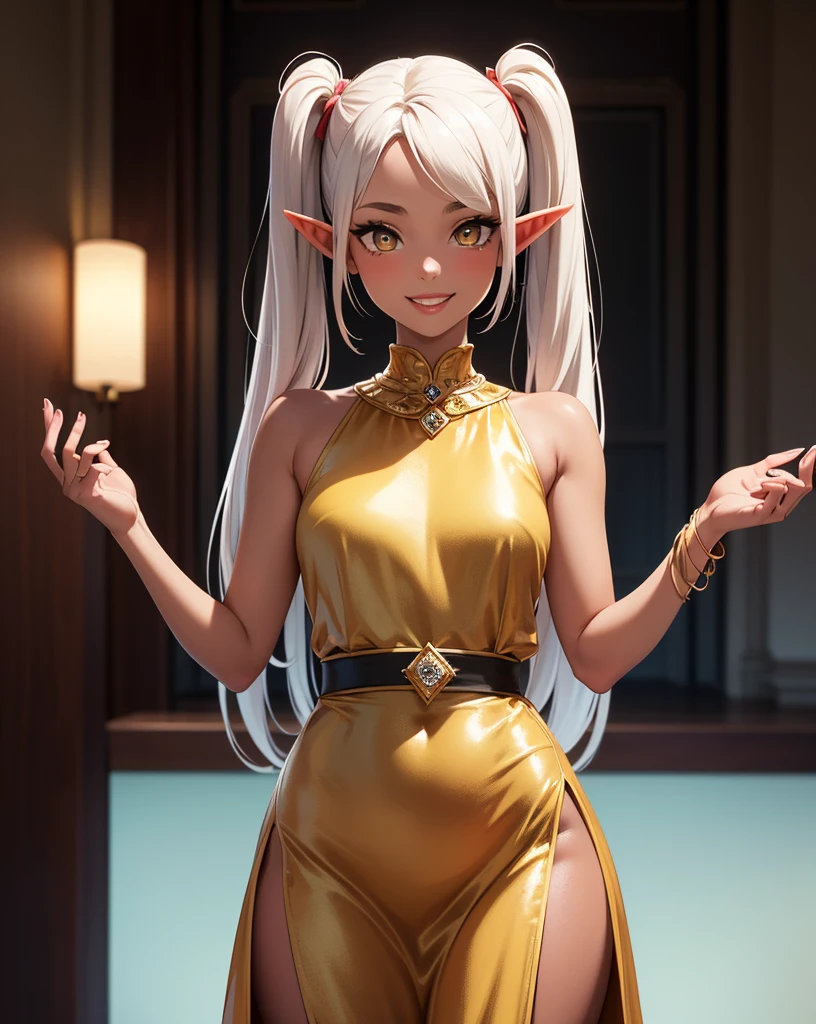 goddessになったスプラトゥーンの女の子、goddess、3D、real anime、Molten Gold Body、Liquid Metal Girl、Golden tentacle hair、Long ponytail tentacle hair、Big and cute eyes、Golden Eyes、shining eyes、blush、cheek、Rouge、A kind smile、gigantic breast, Cleavage、Close up on chest、Poses that accentuate the chest、The Golden Temple is in the background、Photos that bring good luck、
