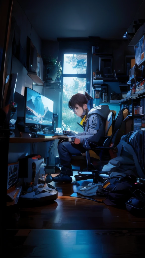 A boy sitting in room filled with gaming products