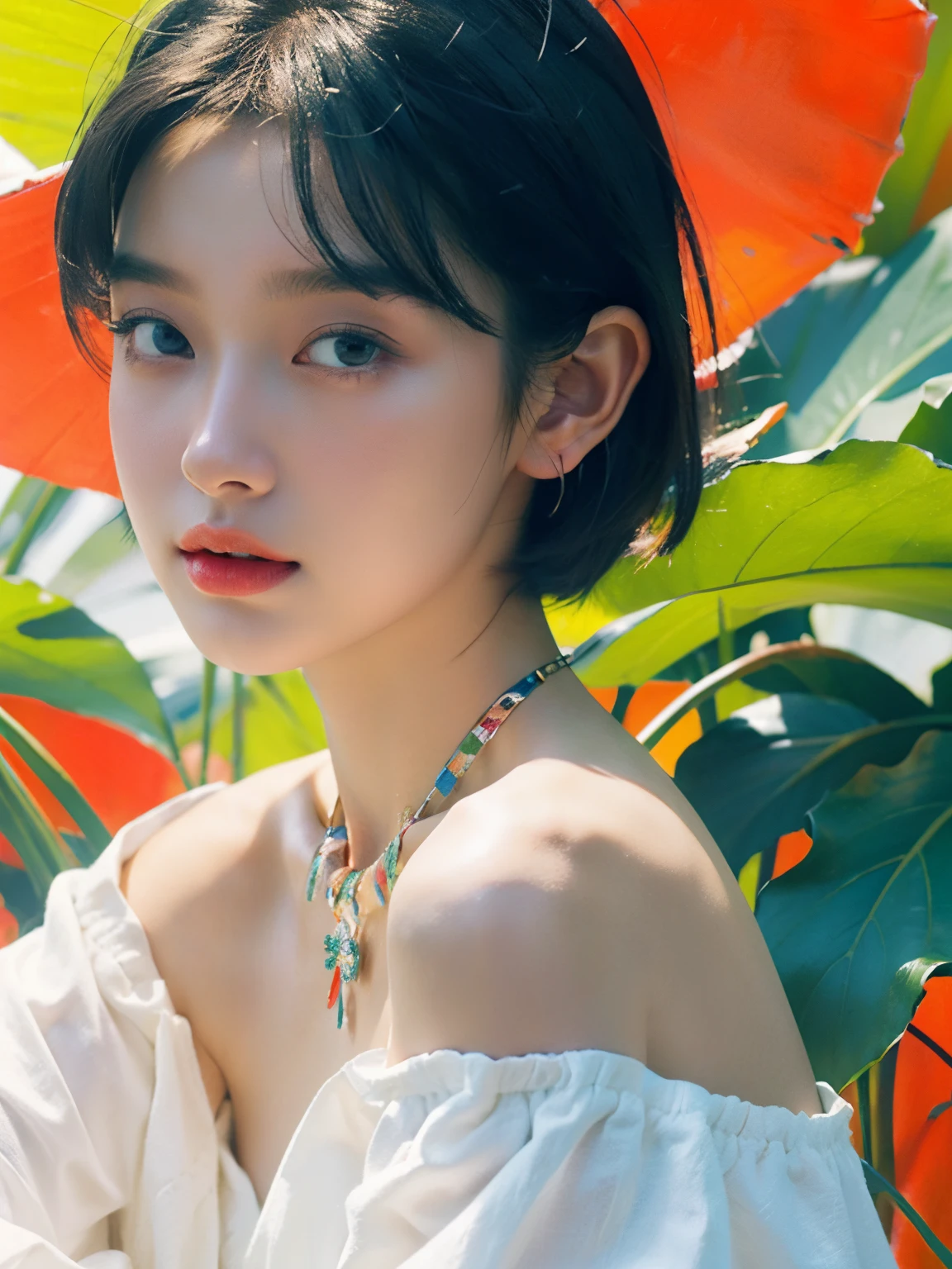 A masterpiece of the highest quality, this illustration showcases the absurdity of a surreal scene. The focus is on one girl with short hair, captured in a close-up portrait. Full floral background, fantasy, off shoulder, colorful, vivid color, necklace,