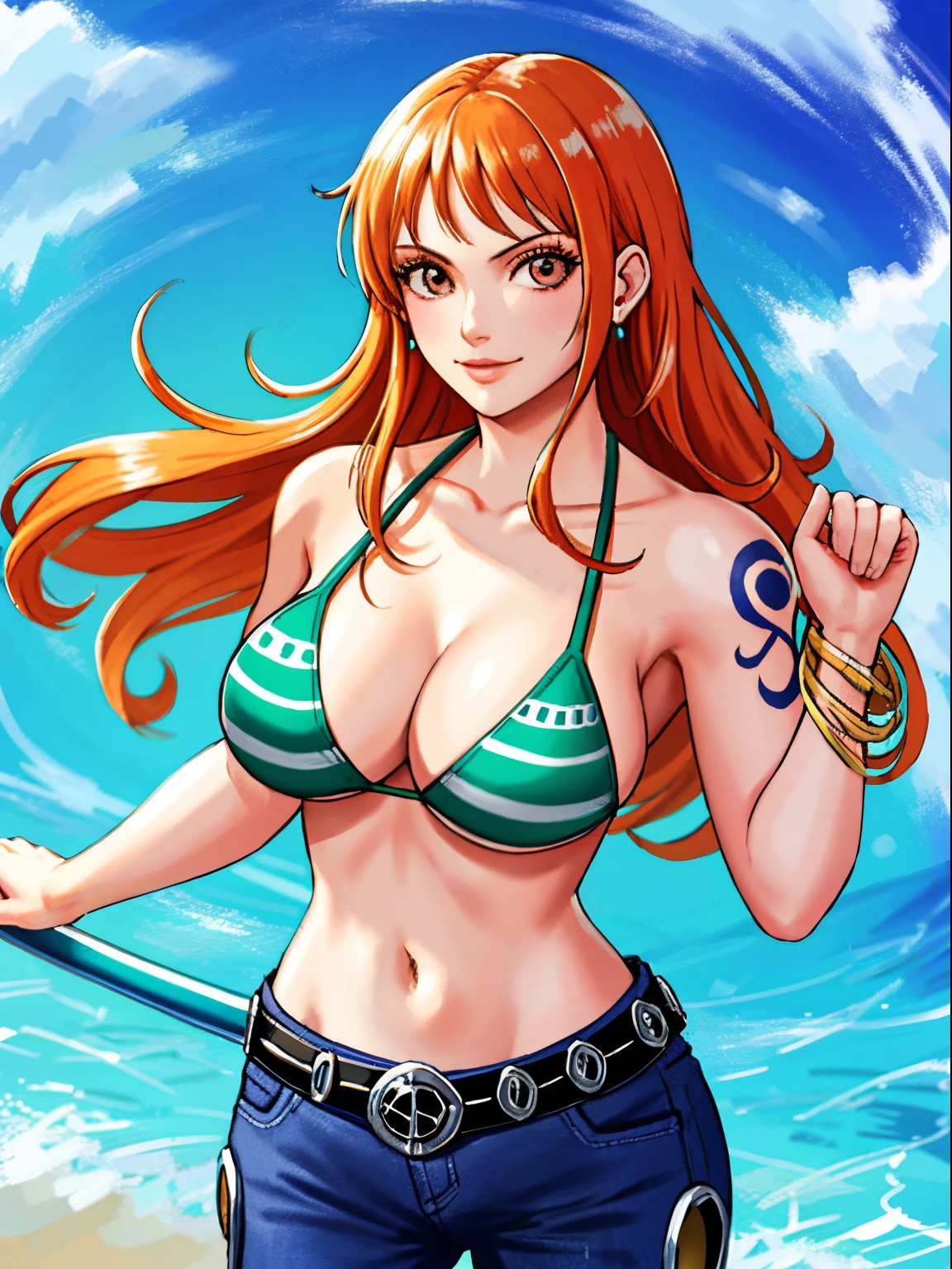 detailed background, masterpiece, 2k, center on face, high saturation, jiggly breasts, jumping, highest quality, 1girl, solo, nami \(one piece\), 1girl, bangle, out of frame, detailed arms, strong arms, straightened arms, muscular body, flex muscles, seductive, wrestling entrance, bangs, bare shoulders, belt, bikini, bikini top only, blue sky, bracelet, breasts, big eyes, brown eyes, bubble, cleavage, cloud, cowboy shot, day, denim, earrings, floating hair, green belt, green bikini, groin, jeans, jewelry, medium breasts, log pose, long hair, looking at viewer, navel, orange hair, pants, shoulder tattoo, sidelocks, sky, smile, solo, standing, stomach, swimsuit, tattoo ,