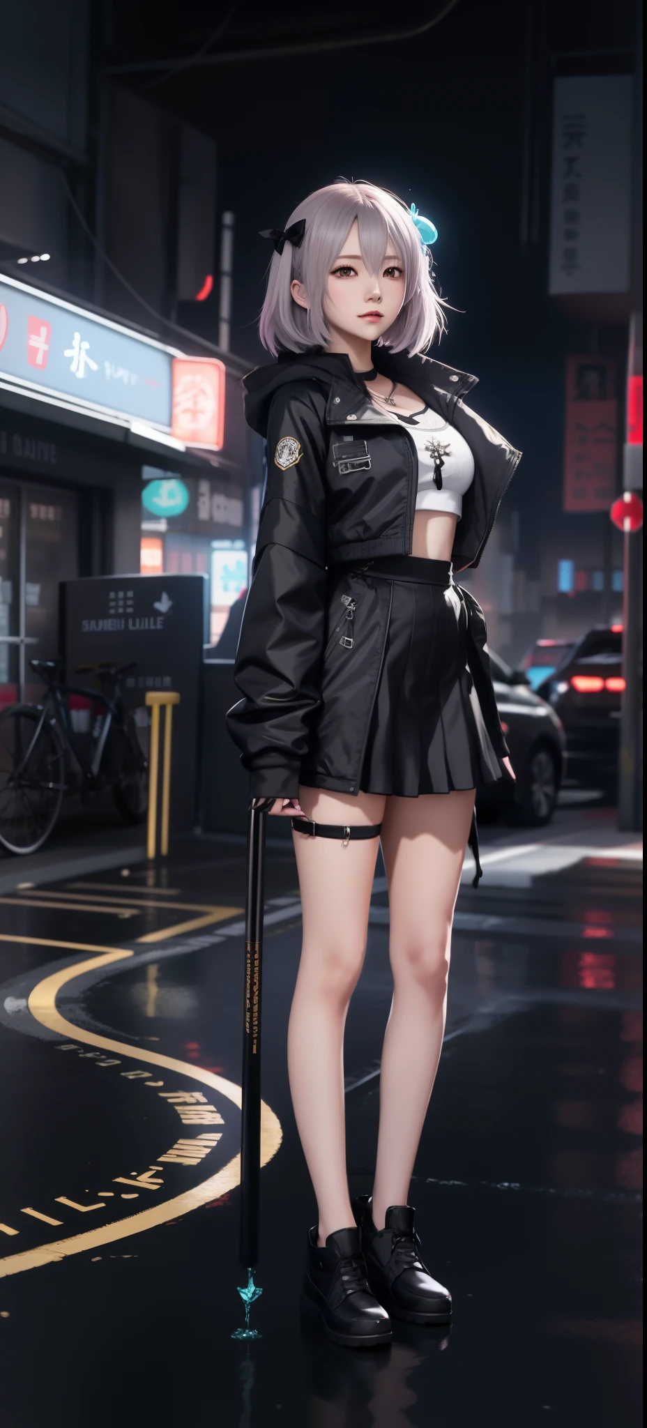 Anime style image of woman in short skirt and black jacket, Translucent fluid flowing from the《Azure route》videogame, azur lane style, from the girl, Shoujo Frontline CG, neon noir, live2d virtual YouTuber model, Girly frontline style, 2b, 2b, Character 5 style, Detailed pubic hair. Girl Front, full body xianxia