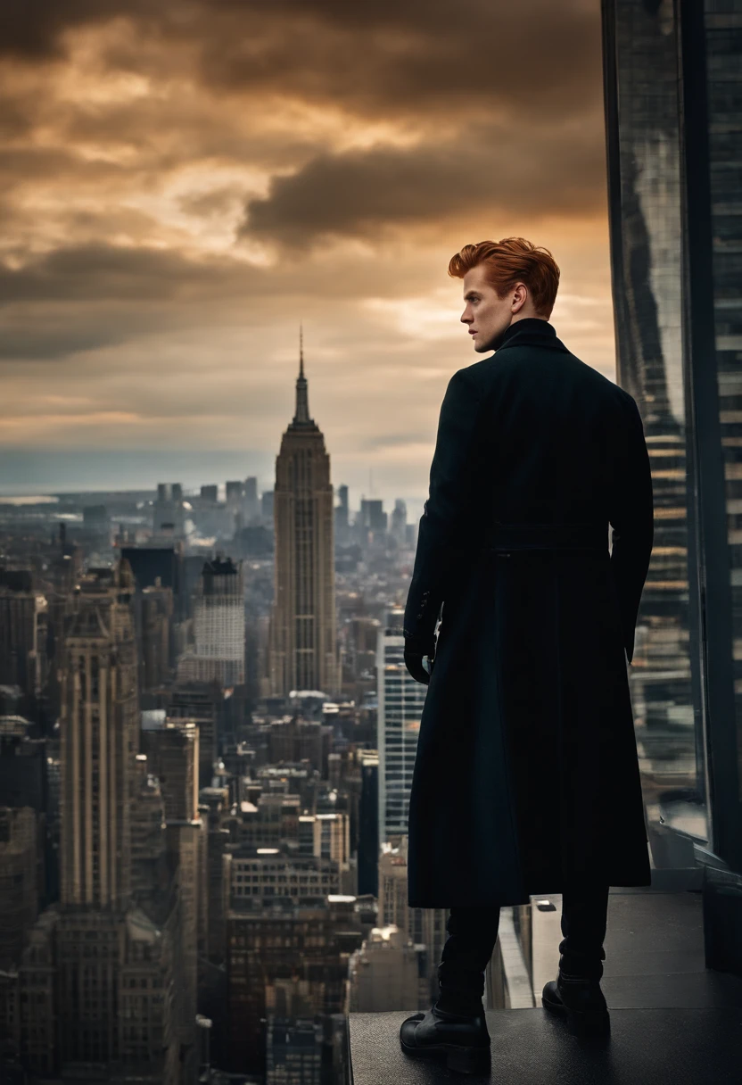 The image is of Jerome standing on the edge of a tall building, looking down with a mischievous grin on his face. He is wearing a dramatic black coat and his hair is blowing in the wind.,Gotham TV series,Jerome is tall, pale, has short ginger hair, famously portrayed by Cameron Monaghan