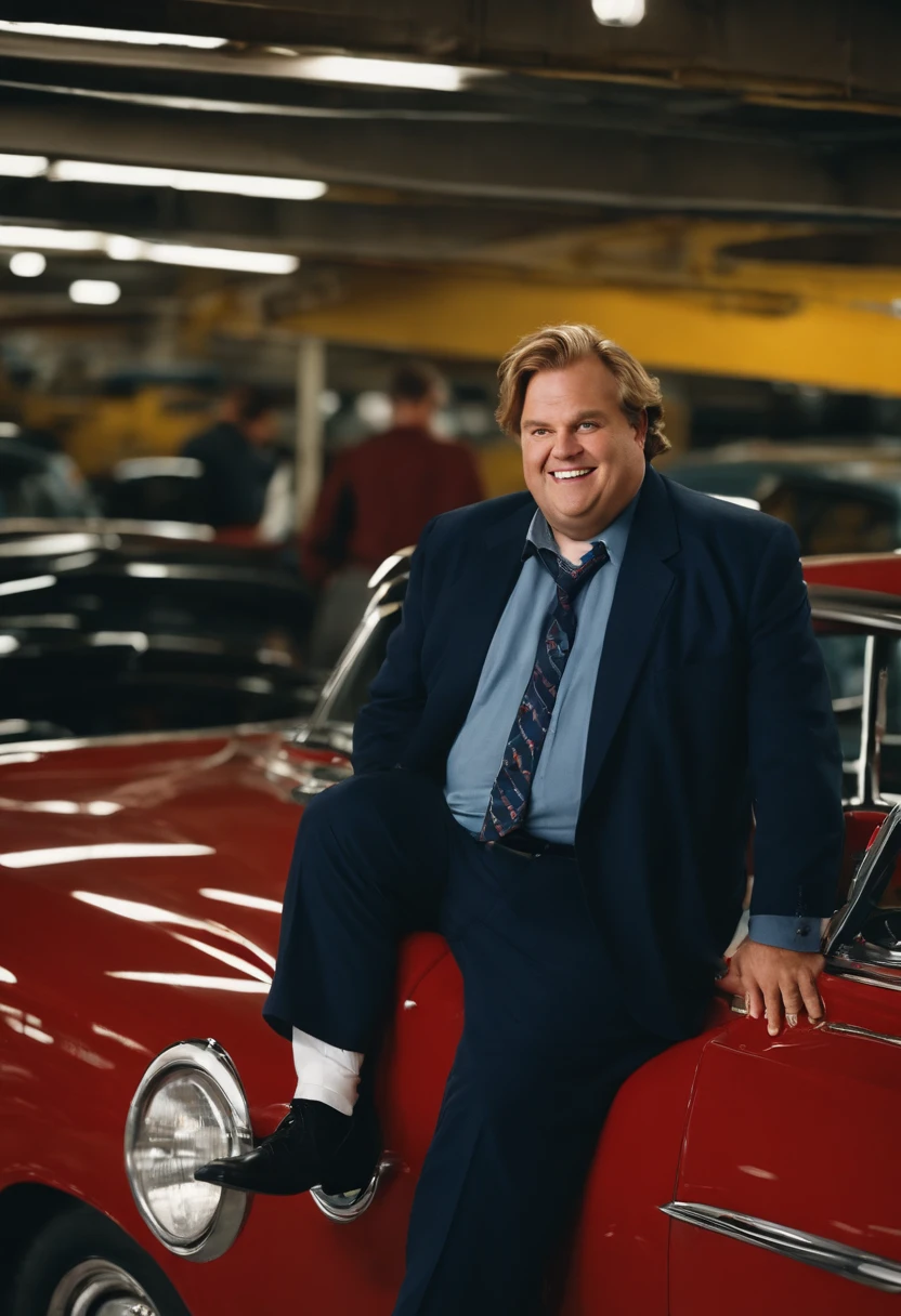 A photo of Tommy standing in front of a vintage car at the auto parts factory, with a big smile on his face.,Tommy Boy (1995),Tommy Callahan III, portrayed by Chris Farley in the movie “Tommy Boy,” is a lovable but bumbling character. He’s a bit overweight, with a disheveled appearance that matches his often clueless demeanor. Tommy’s known for his big heart and infectious enthusiasm, but he lacks the sophistication and business acumen expected in the corporate world. He’s often seen in ill-fitting suits, which complements his overall goofy and endearing persona.