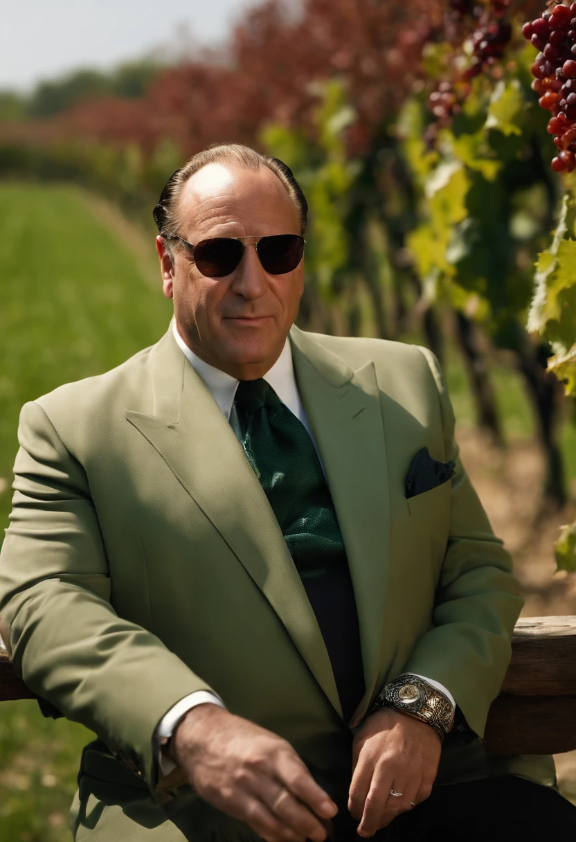 A photo of Tony tasting wine in a vineyard.,The Sopranos,Tony Soprano, the fictional mob boss in “The Sopranos,” is a physically imposing figure, with a broad, stocky build, and a face that often shifts between a charming smile and a menacing glare. His attire, usually consisting of sharply tailored suits or casual polo shirts, adds to his air of authority and the duality of his life as a mobster and family man.