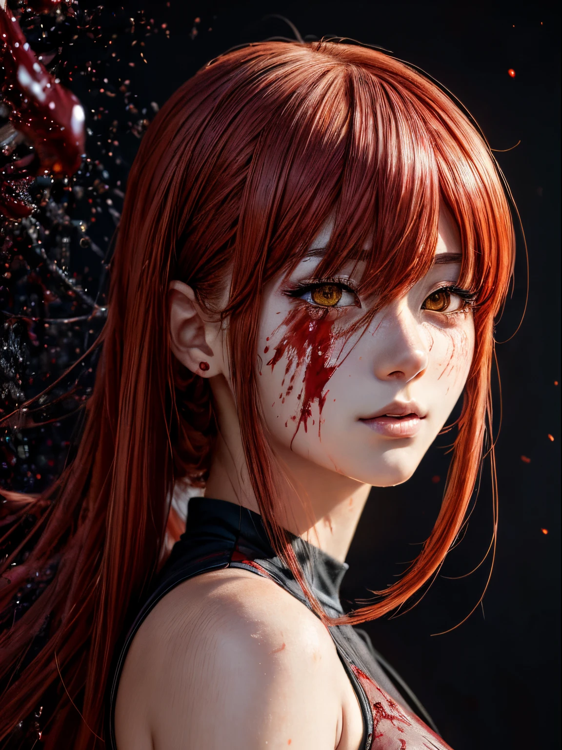 masterpiece, best quality, (extremely detailed CG unity 8k wallpaper, masterpiece, best quality, ultra-detailed, best shadow), (detailed background), (beautiful detailed face, beautiful detailed eyes), High contrast, (best illumination, an extremely delicate and beautiful),1girl,((colourful paint splashes on transparent background, dulux,)), ((caustic)), dynamic angle,beautiful detailed glow,full body, blood splash on face. close up of a woman, anime girl with red hair and a white shirt and tie, a character portrait by Yang J, pixiv, shin hanga, portrait of an anime girl, female anime character, portrait anime girl, portrait of asuka langley soryu, beautiful anime portrait, detailed portrait of anime girl, anime character, realistic anime artstyle, anime girl portrait, anime character portrait, blood on face, sweat face, blood shed