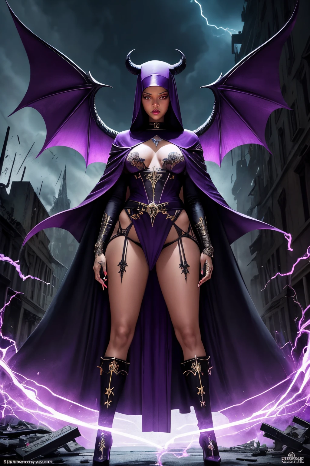 Rihanna : The evil nun, Demon horn, Demon wings on the head , sexy robe de nonne, Powerful bolts of destructive purple energy shoot out of his hands, His powerful magic hits the buildings of a destroyed city , Satanic, detailled eyes, detailed hands