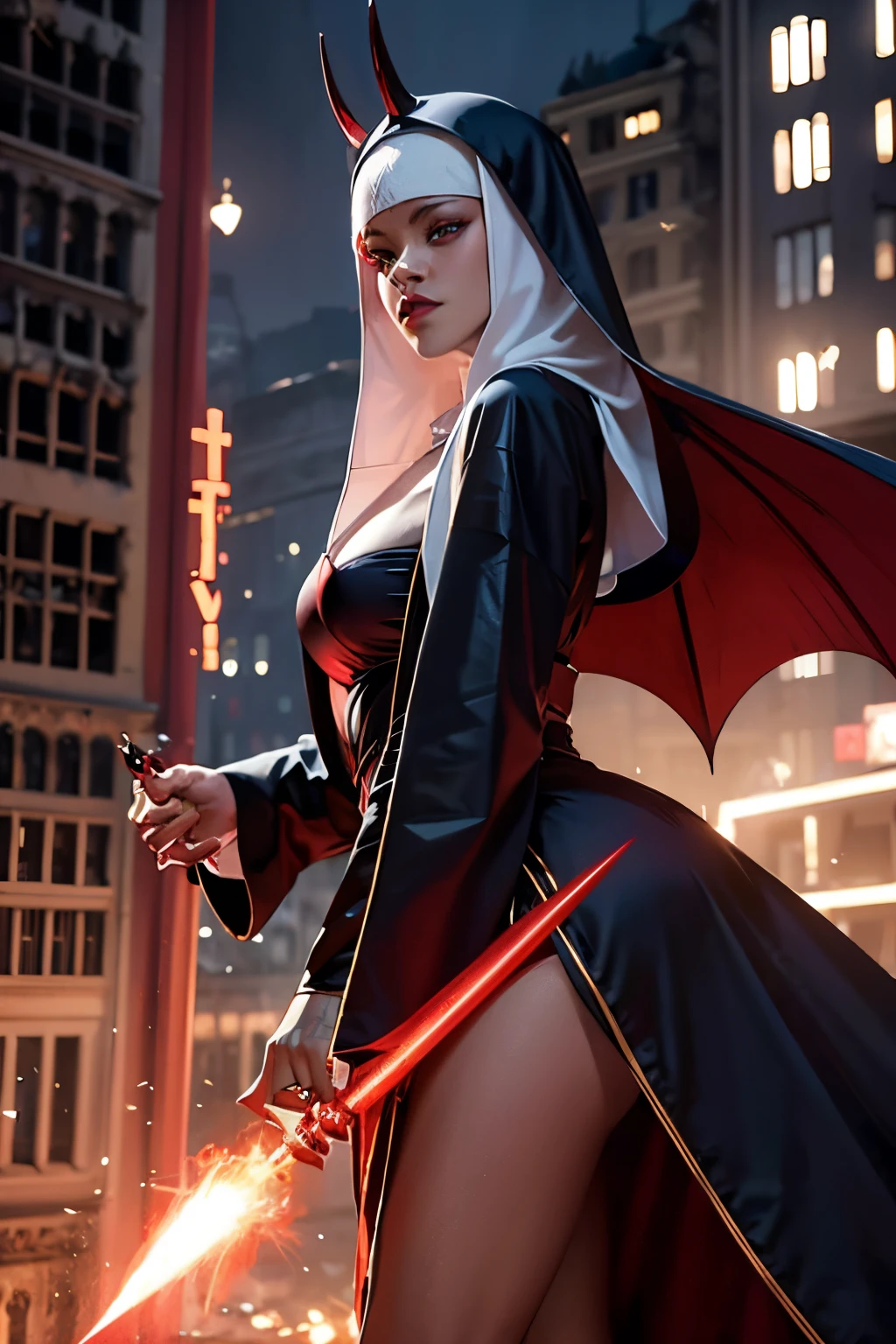 Rihanna : The evil nun, Demon horn, Demon wings, sexy robe de nonne, Powerful bolts of destructive red magic energy shoot out of his hands, His powerful magic hits the buildings of a destroyed city , Satanic, detailled eyes, detailed hands, realistic rendering.