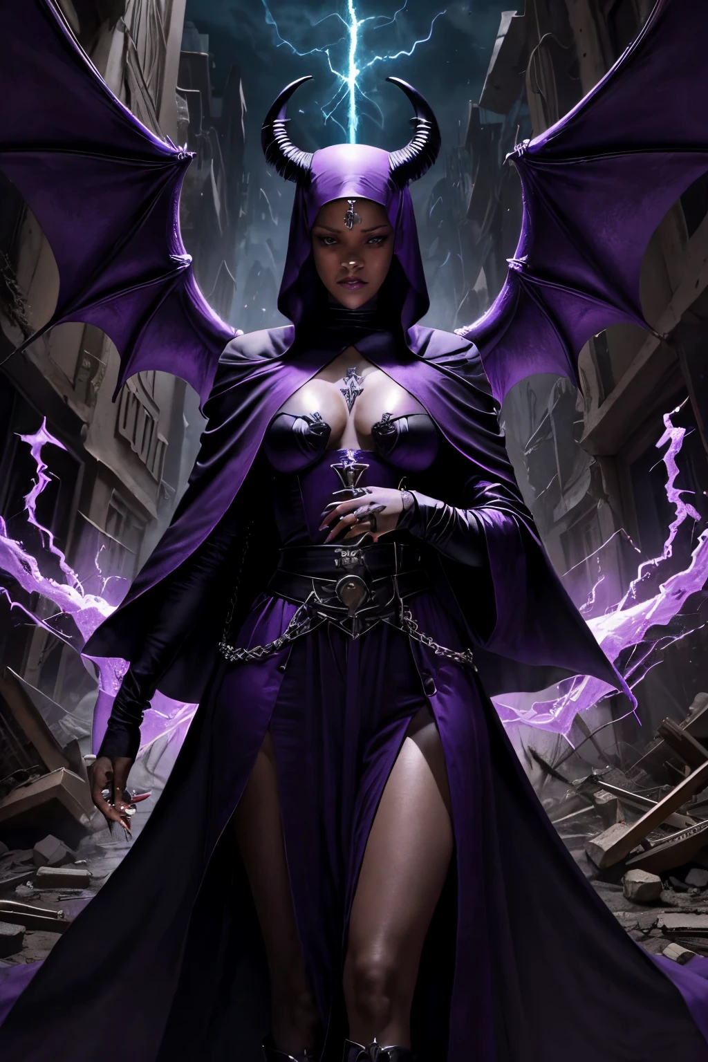 Rihanna : The evil nun, Demon horn, Demon wings on the head , sexy robe de nonne, Powerful bolts of destructive purple energy shoot out of his hands, His powerful magic hits the buildings of a destroyed city , Satanic, detailled eyes, detailed hands