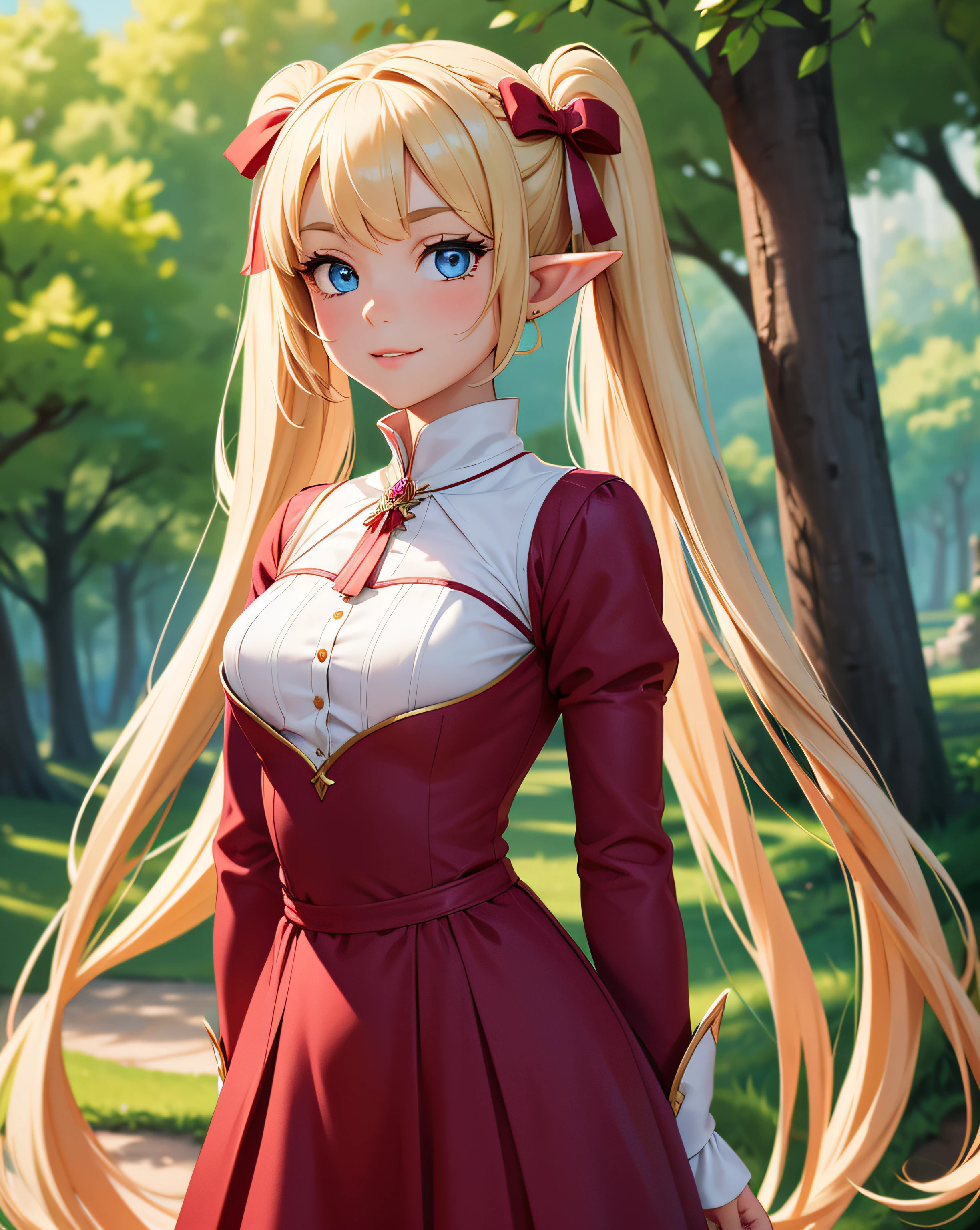 young elven noble lady, 1girl, adolescent, small to medium breasts, small breasts, medium breasts, elf, large blue eyes, bright blue eyes, body towards viewer, official portrait, loyal, energetic, adventurous, outgoing, cute smile, twintails, hair in twintails, twin tails, hair in pigtails, very long hair, slender figure, observant, adoring, simple jewelry, cute face, soft lips, beauty, bows in hair, nobility, fair skin, long hair, blond hair, blonde hair, wearing cute dress, crimson dress, bordeaux dress, palace, absurdres, high res, ultrasharp, 8K, masterpiece, looking at viewer