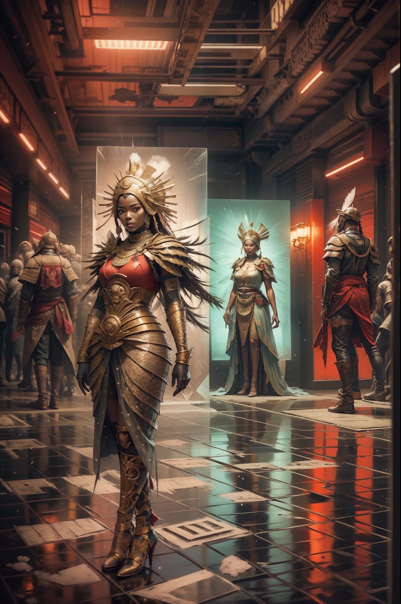 A wide angle shot of a futuristic African kingdom, with african designed sculptures and infrastructure, neon lit billboard buildings, flying cars in the area, drones in the sky, African people dressed in african designed clothes walking, time moon shining, with iridescent light, hyper-realistic image, 32k, ultra HD, cinematic lighting, artgerm style, highly detailed images, vibrant and beautiful colours,