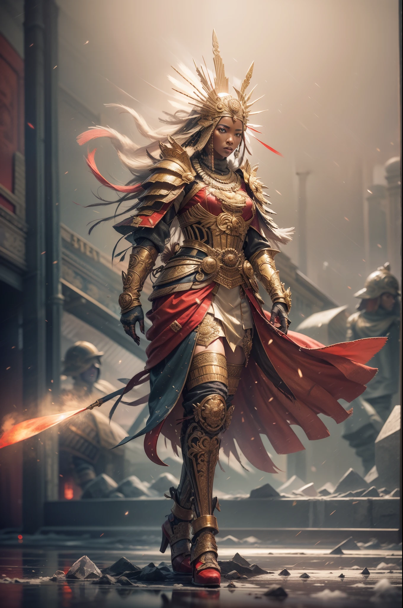 an ice sculpture of a beautiful African woman dressed in African designed clothes, standing in an empty Area full of  large reflective mirrors, red flares on the ground providing a red cinematic look, red and blue look, cinematic lighting, artgerm style, 32k, ultra HD, hyper-realistic image --auto --s2