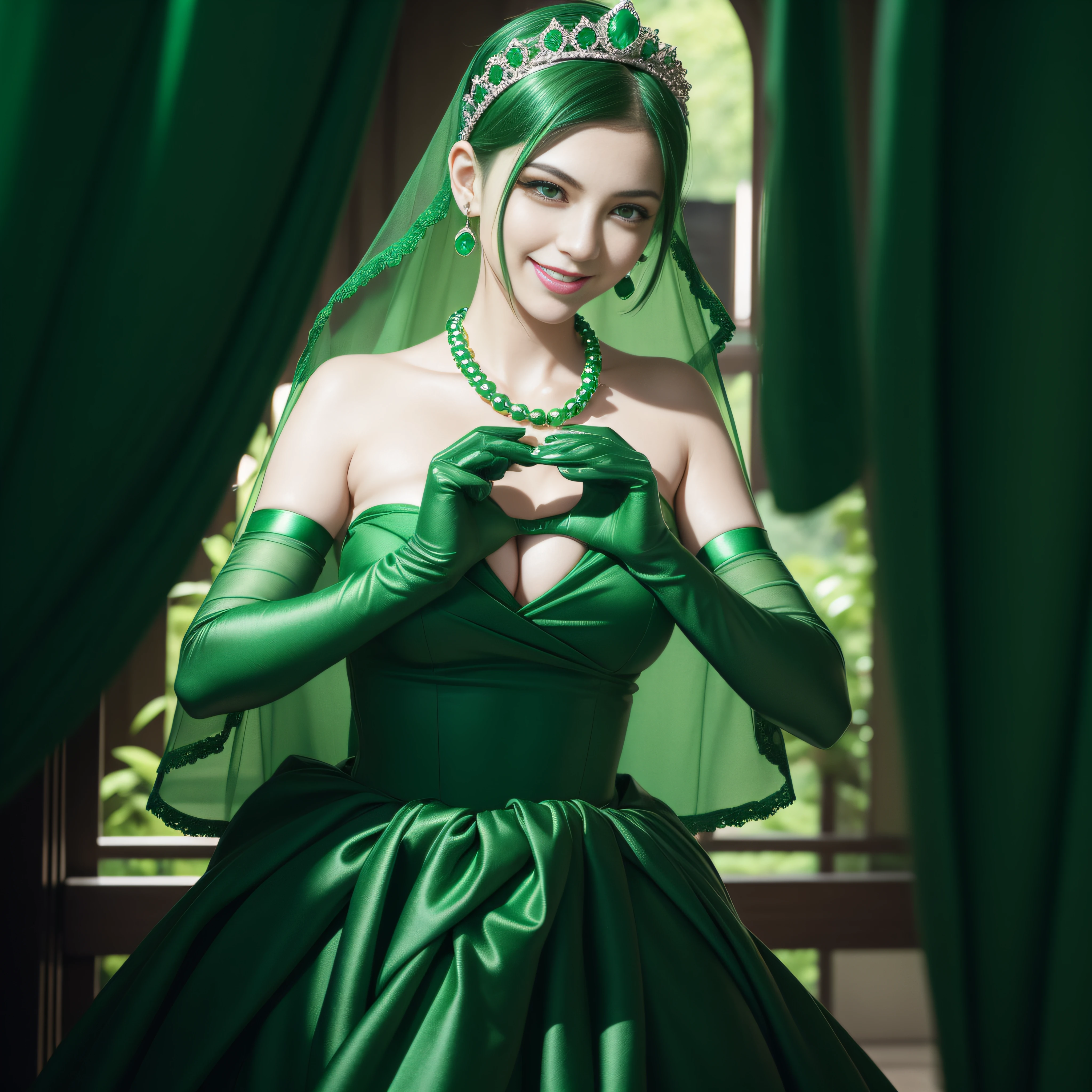 emerald tiara, Green Pearl Necklace, Boyish very short green hair, lipsticks, Japan woman smiling, very short short hair, big breasts beautiful, Green eyes, Long green gloves made of satin material, Green eyes, Emerald Earrings, green vale, Heart with both hands, Green hair