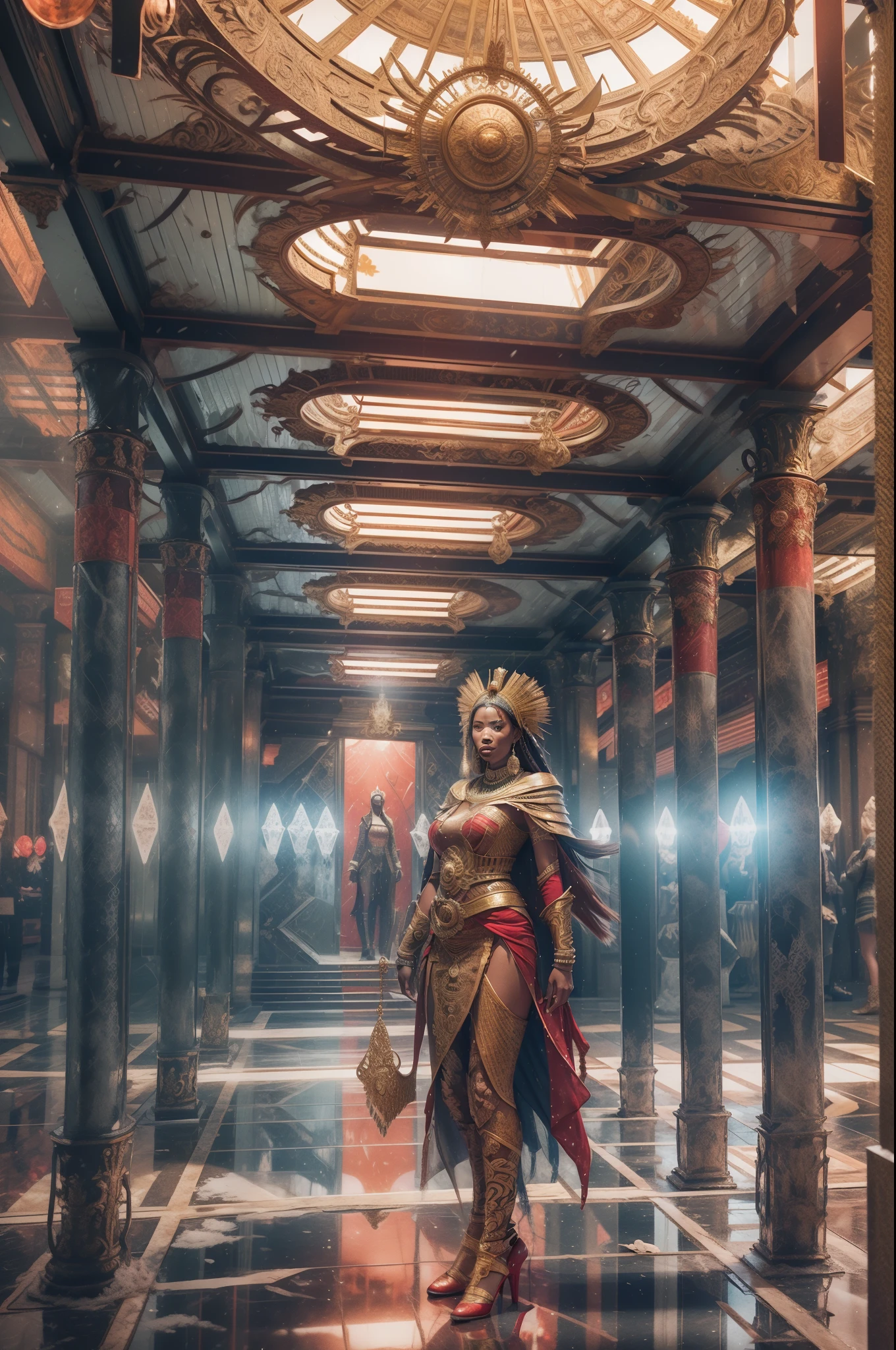 an ice sculpture of a beautiful African woman dressed in African designed clothes, standing in an empty Area full of  large reflective mirrors, red flares on the ground providing a red cinematic look, red and blue look, cinematic lighting, artgerm style, 32k, ultra HD, hyper-realistic image --auto --s2