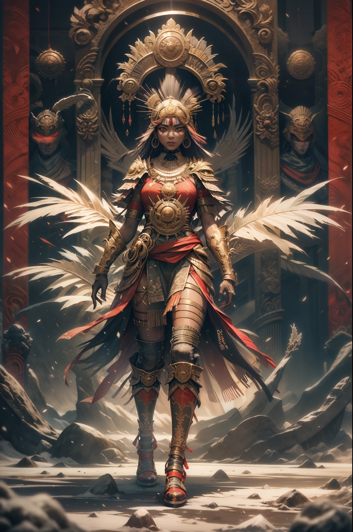 an ice sculpture of a beautiful African woman dressed in African designed clothes, standing in an empty Area full of  large reflective mirrors, red flares on the ground providing a red cinematic look, red and blue look, cinematic lighting, artgerm style, 32k, ultra HD, hyper-realistic image --auto --s2