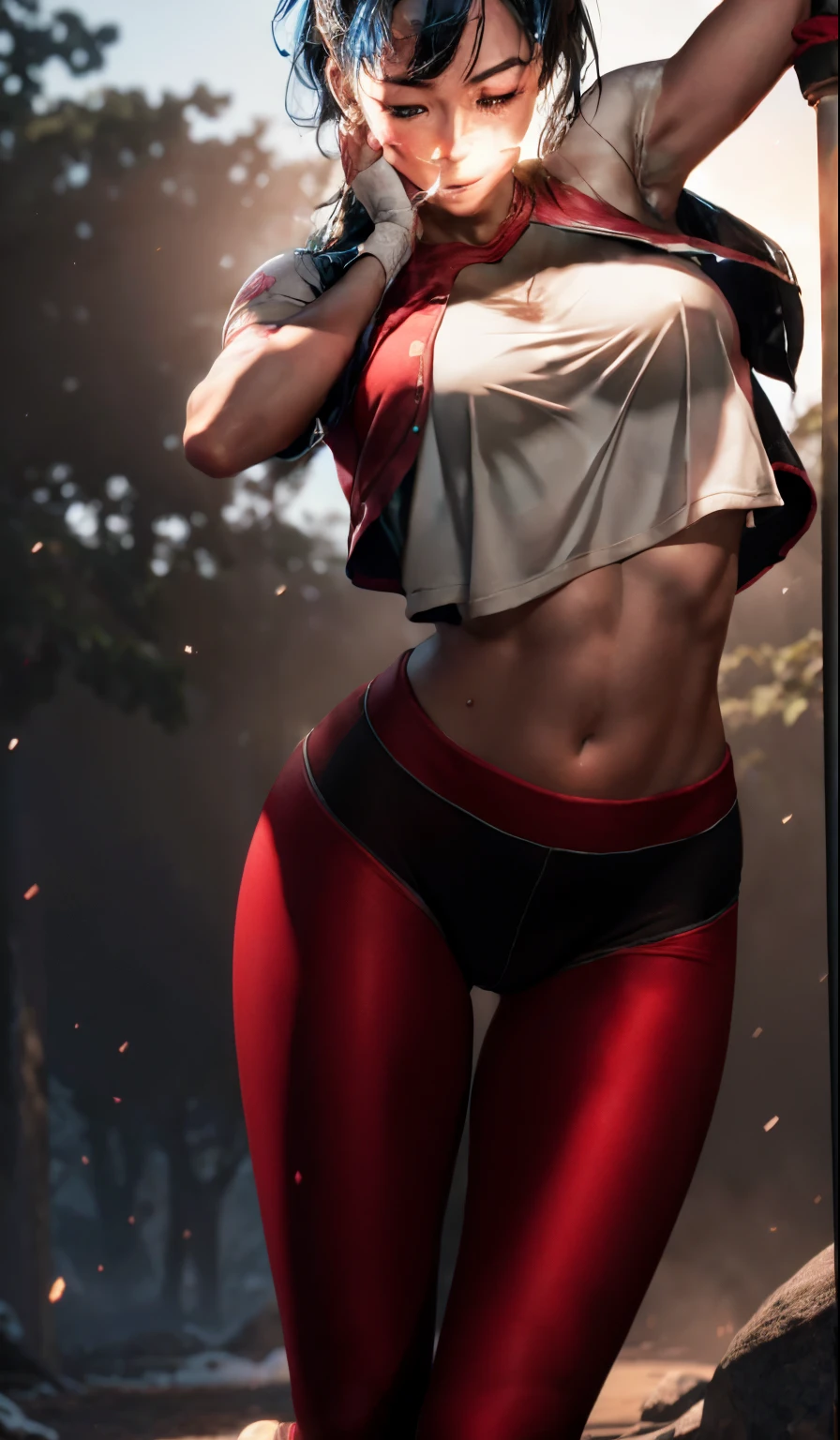 1个Giant Breast Girl， beautidful eyes，Red face，lips slightly open，full, symmetrical breasts，Convex buttocks，Skinny Sports Shirts，White Skinny Yoga Pants，Camel toes，The line between the thighs is detailed，White sneakers，black colored hair，High Ponytail，Strip strip，tattooed，running track，a park，jungles，lakes，chest close-up，Buttocks close up， nffsw（HighDynamicRange）， Ray traching， NVIDIA RTX， Hyper-Resolution， Unreal 5， sub-surface Scattering， PBR Textures， Post-processing， Anisotropy Filtering， depth of fields ，Maximum clarity and sharpness， multi-layer texture， Albedo e mapas Speculares， Surface Coloring， Accurate simulation of light-material interactions， rendering by octane， two tone lighting， Low ISO， White Balance， trichotomy， Large aperture， 8K Raw， high efficiency sub-pixel， sub-pixel convolution， （Luminescent particles：1.4）， {{tmasterpiece， best qualtiy， extremely details CG， Unity 8k壁纸， 。.3D， cinmatic lighting， Lens Flare Glow}}，As it was born without a single thread、Popping nipples、Wet crack chan、