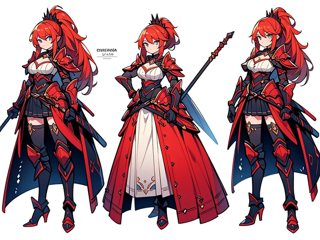 ((Masterpiece, highest quality)), detailed face, character sheet, Full body, 1girl, High quality,Best quality,Ultra-detailed,high resolution,female warrior in red outfit with filigree shiny rustic golden off-shoulder armor and holding a ornate polearm, tall sexy lady, red hair, long hair, High ponytail,Blue eyes,breasts,tiara,armor, weapon, polearm, armor, Open Chest, tight micro miniskirt,high heels, holding weapon, breasts,cleavage, full body, holding,full of details, multiple poses and expressions, highly detailed, many parts,((three sided view, front view, side view, back view, full body,simple background, gray background,multiple views,highres)), illustration, charturnbetalora, concept art, character concept art,LnF